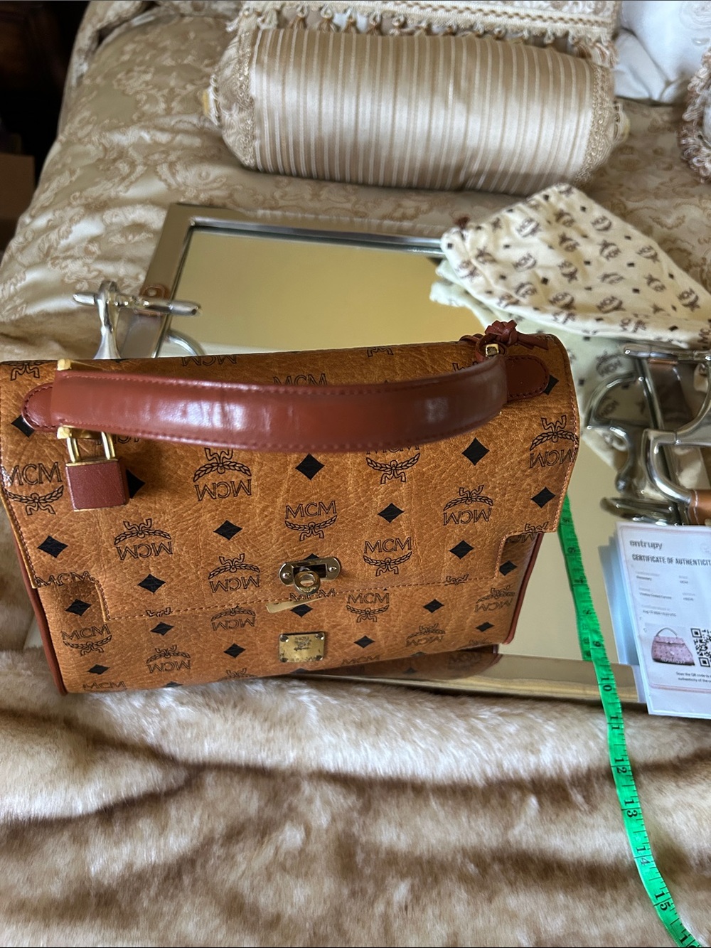MCM Cognac Logo Visetos Top Handle Satchel with Gold Hardware lock w keys  COA - Picture 15 of 15